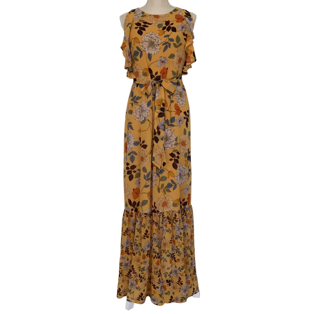 Vince Camuto size 2 mustard yellow with flower print and ruffle sleeves.
